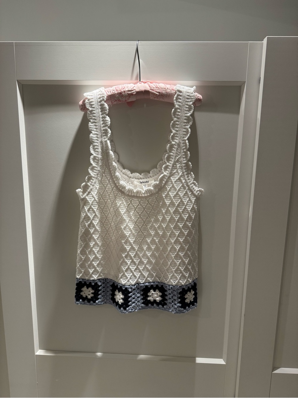 Splendid White Crochet Tank with Blue Accent Hem